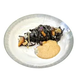 Thực đơn nhà hàng Chạm Bistro Garden P1. TAGLIATELLE BLACK SQUID INK WITH MUSHROOM (Signature) Tagliatelle black, cheese sauce and mushroom / Mì sợi dẹp mực đen dùng kèm với sốt phô mai / nấm
