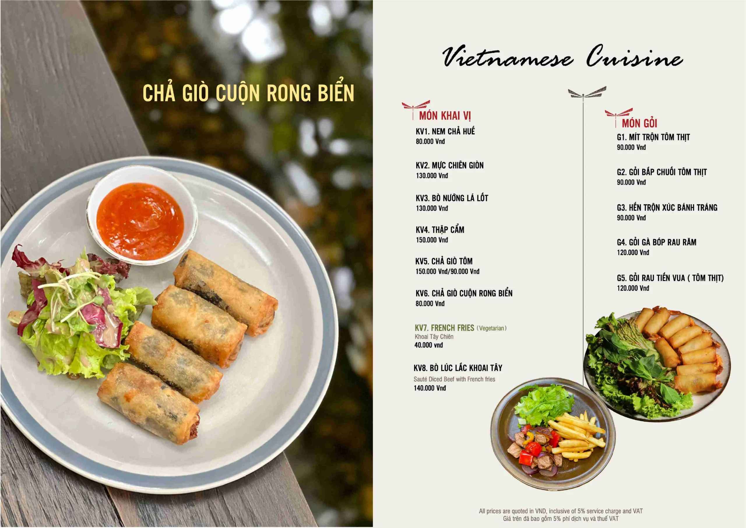 Bảng giá thực đơn nhà hàng thể hiện món ăn và giá của từng món